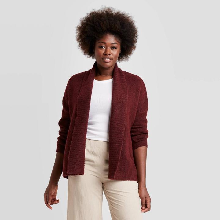Women's Shawl Collar Open-front Cardigan - A New Day Burgundy
