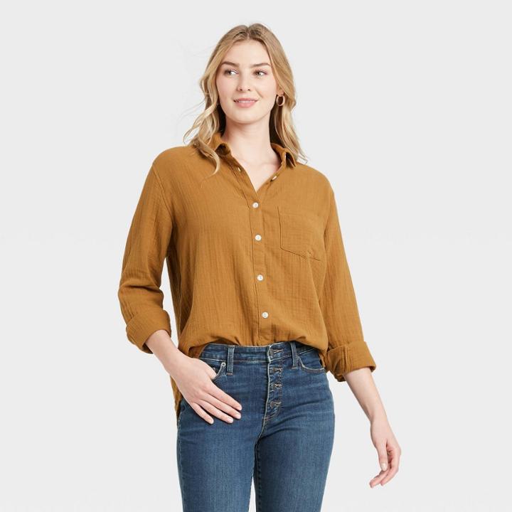 Women's Long Sleeve Gauze Button-down Shirt - Universal Thread Brown