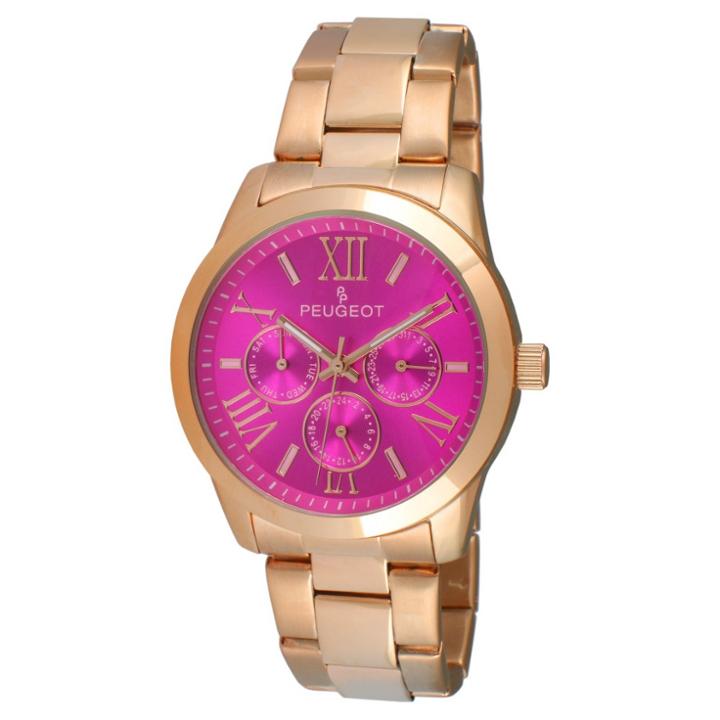 Peugeot Watches Women's Peugeot Round Stainless Steel Multifunction Bracelet Watch - Rose Gold And Pink