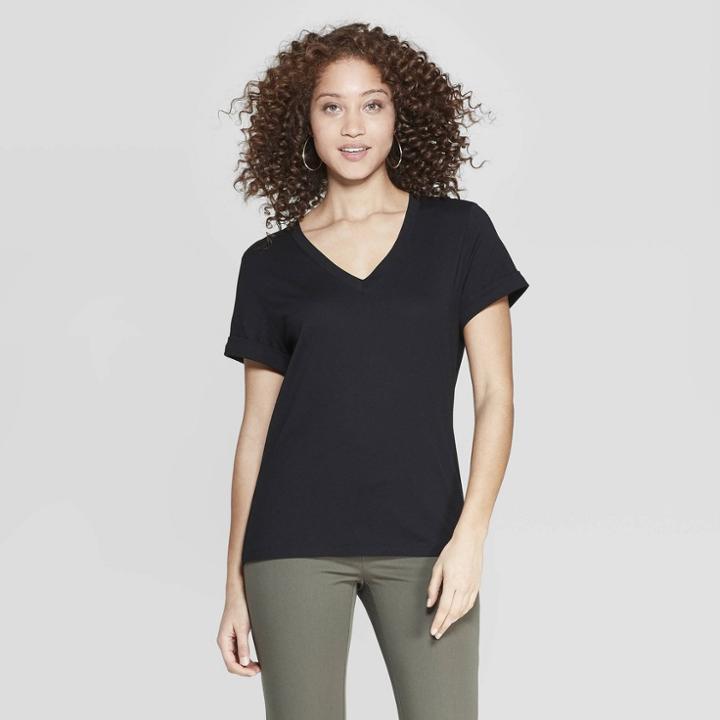Women's Slim Fit Short Sleeve V-neck T-shirt - A New Day Black