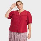 Women's Plus Size Balloon Short Sleeve Button-front Textured Top - Knox Rose Red