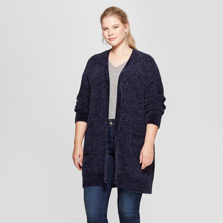 Women's Plus Size Chenille Cardigan - Ava & Viv Navy (blue)