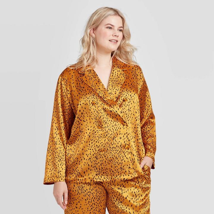 Women's Plus Size Animal Print Long Sleeve V-neck Silky Blazer Blouse - Who What Wear Yellow 1x, Women's,