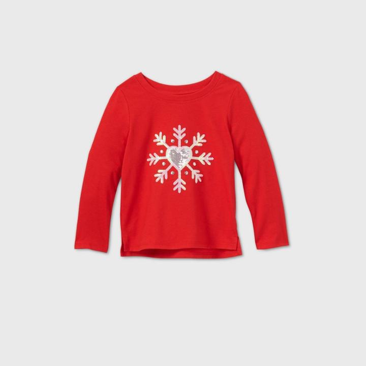 Toddler Girls' Flip Sequin Snowflake Long Sleeve T-shirt - Cat & Jack Red