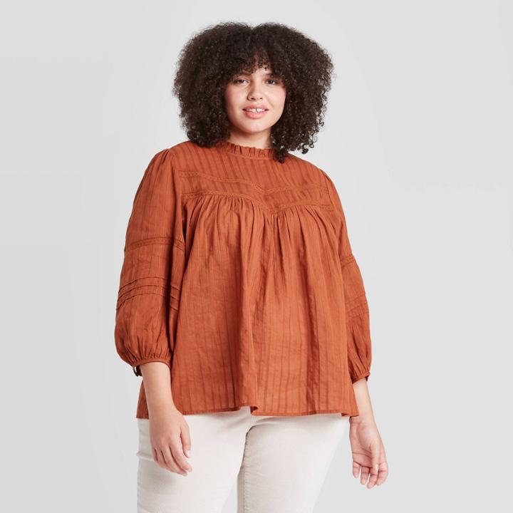 Women's Plus Size 3/4 Sleeve Prairie Shirt - Universal Thread Brown