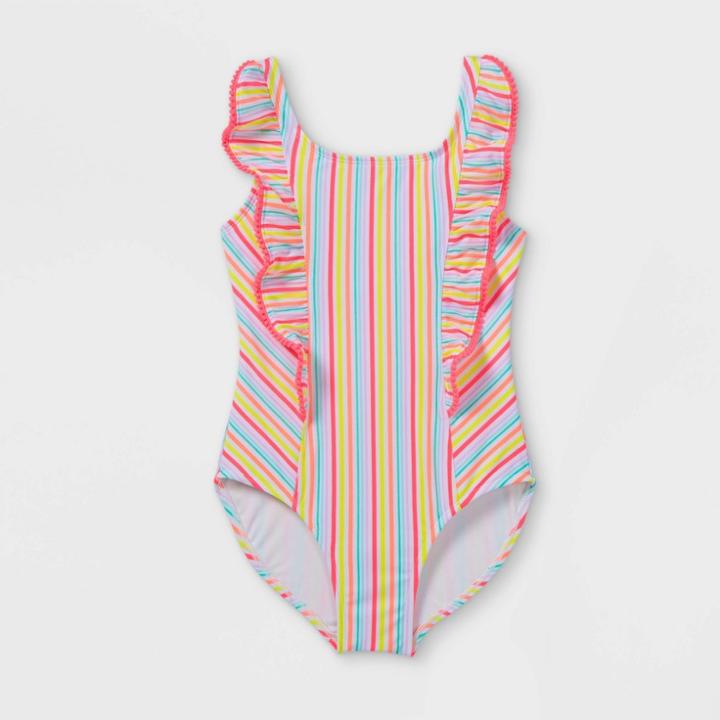 Girls' Sunny Day Striped Ruffled One Piece Swimsuit - Cat & Jack