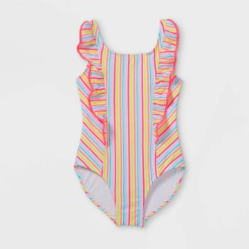 Girls' Sunny Day Striped Ruffled One Piece Swimsuit - Cat & Jack