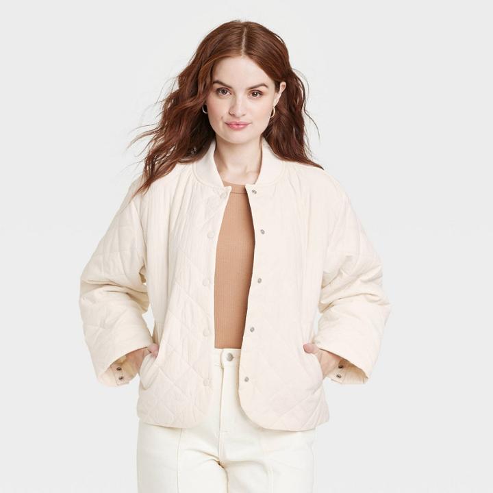 Women's Quilted Bomber Jacket - A New Day White