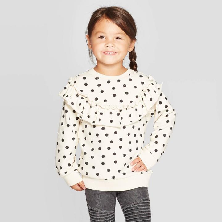 Toddler Girls' Long Sleeve 'dot' Ruffle Sweatshirt - Art Class Cream 12m, Girl's, White
