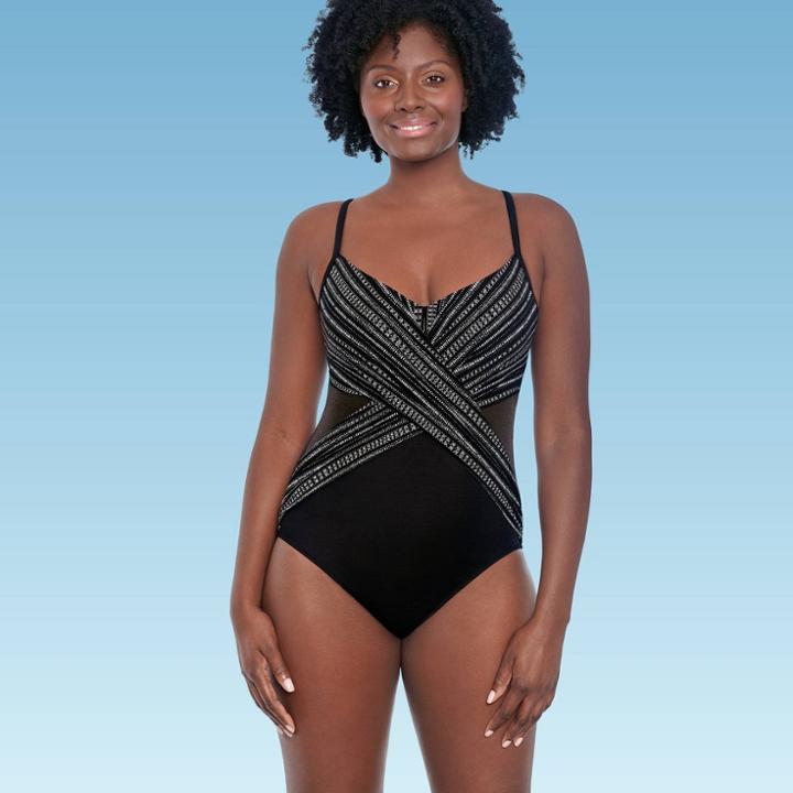 Women's Slimming Control Wrap Mesh Inset One Piece Swimsuit - Dreamsuit By Miracle Brands Black
