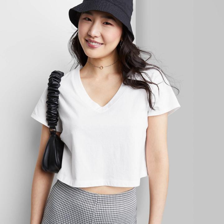 Women's Short Sleeve Boxy Cropped V-neck T-shirt - Wild Fable White