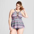 Surfside Women's Plus Size Lace-up Tankini - Navy Multi 1x,