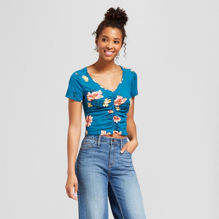 Women's Floral Print Short Sleeve Shirred Front Top - Soul Cake (juniors') Teal