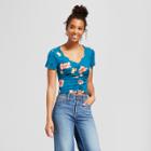 Women's Floral Print Short Sleeve Shirred Front Top - Soul Cake (juniors') Teal