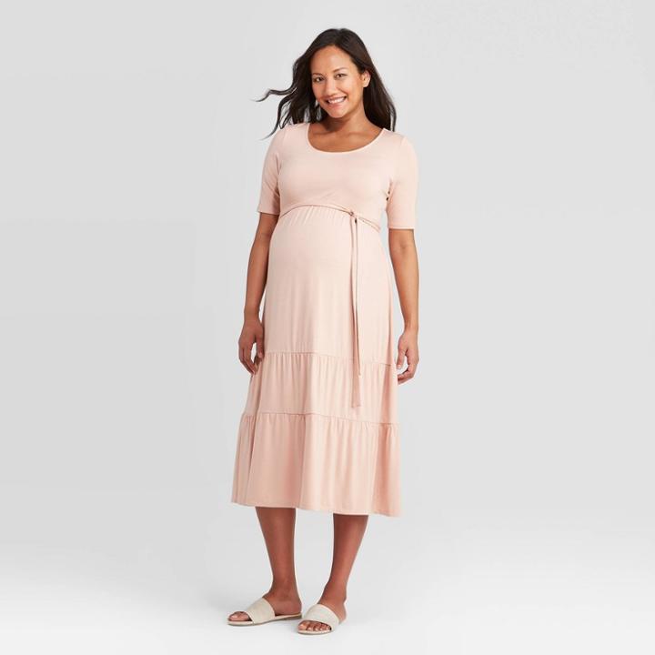 Maternity Elbow Sleeve Tiered Knit Midi Dress - Isabel Maternity By Ingrid & Isabel Coral Xs, Women's, Pink