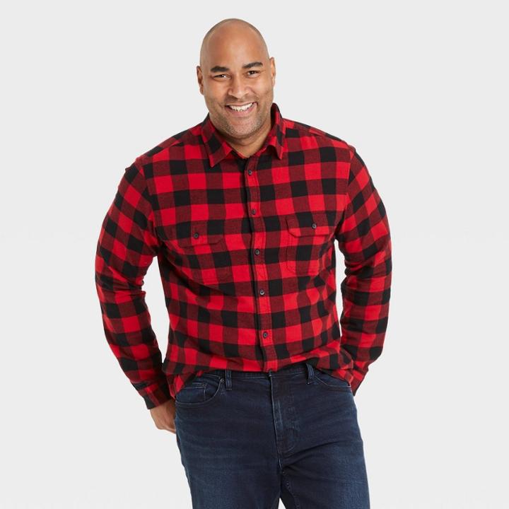 Men's Tall Plaid Standard Fit Long Sleeve Button-down Shirt - Goodfellow & Co Red/plaid