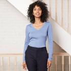 Women's Long Sleeve V-neck Fitted T-shirt - A New Day Blue