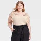 Women's Plus Size Flutter Short Sleeve Embroidered Top - Knox Rose Oatmeal