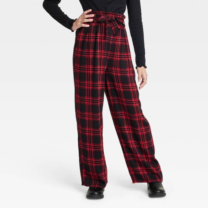 Girls' Paperbag Waist Pants - Art Class Red/black Plaid