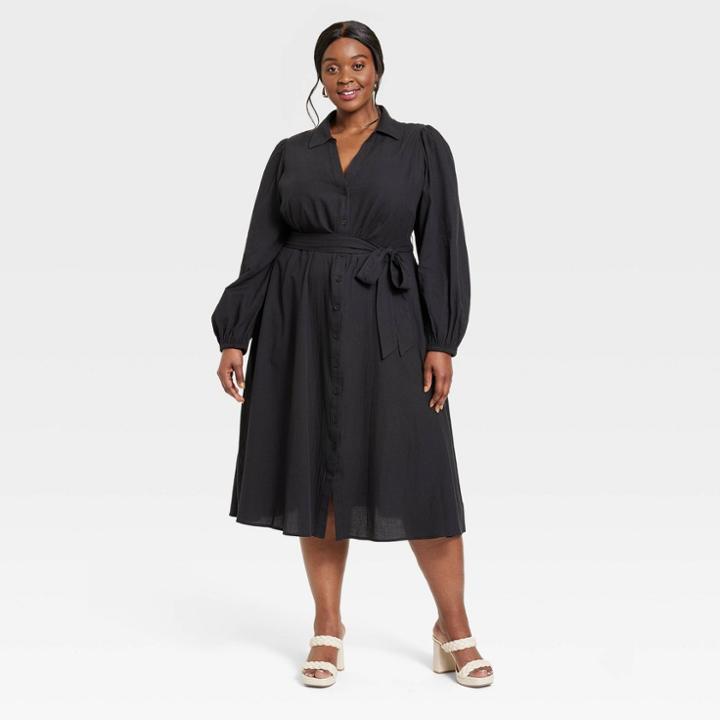 Women's Balloon Long Sleeve Shirtdress - Ava & Viv Jet Black