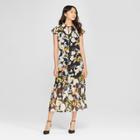 Women's Floral Print Short Flutter Sleeve Midi Dress - Who What Wear Black Xs, Black Floral