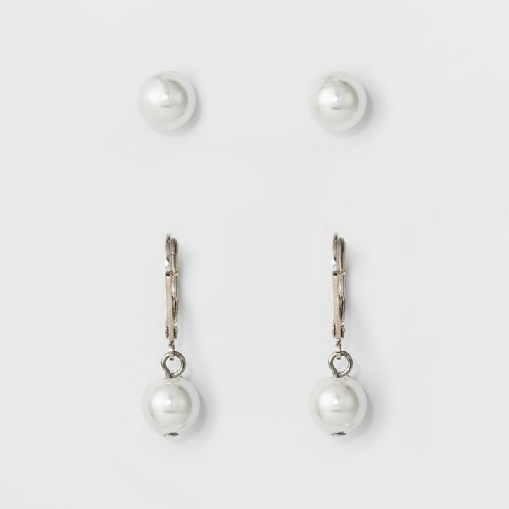 Women's Pearl Stud And Drop Duo Earring Set - A New Day