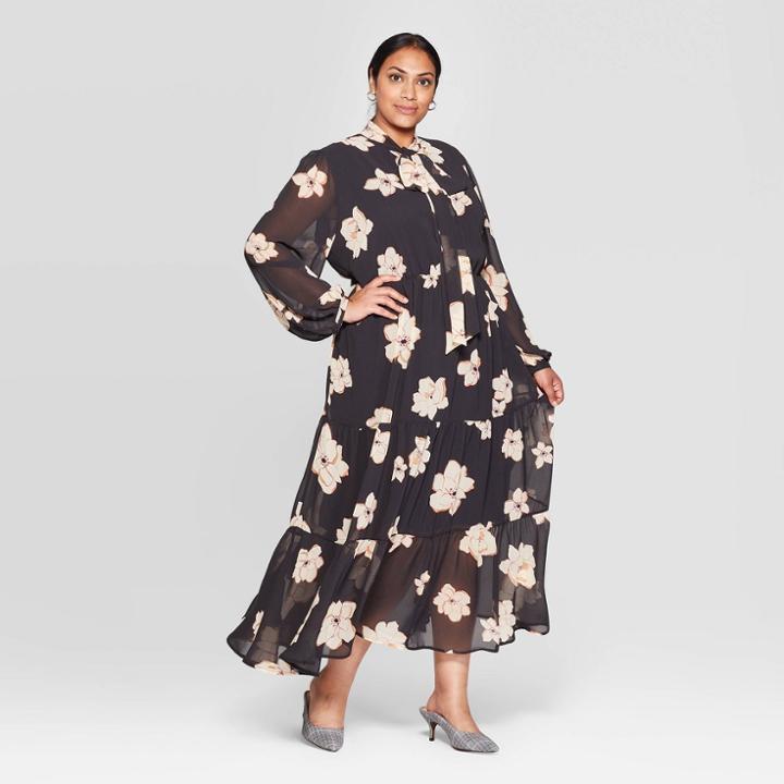 Women's Plus Size Floral Print Long Sleeve Round Neck Romantic Maxi Dress - Who What Wear Blue 1x, Women's,
