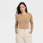 Women's Long Sleeve Slim Fit Square Neck Seamless T-shirt - A New Day Tan