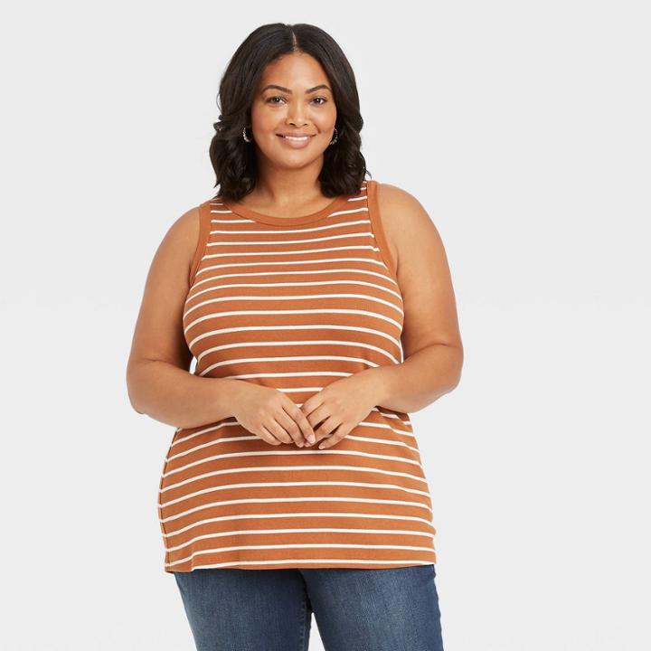 Women's Plus Size Striped Tank Top - Ava & Viv Brown X