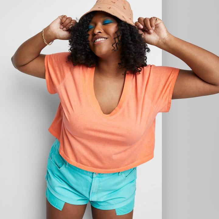 Women's Plus Size Short Sleeve Boxy Cropped V-neck T-shirt - Wild Fable Orange