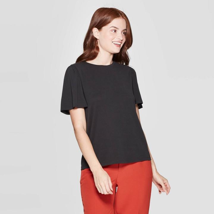 Women's Flutter Short Sleeve Crewneck Sandwash T-shirt - A New Day Black
