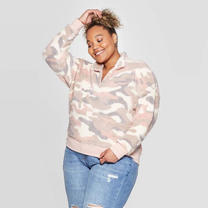 Women's Camo Print Plus Size Long Sleeve 1/4 Zip Sherpa Sweatshirt -grayson Threads (juniors') - Pink 1x, Women's,
