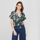 Women's Floral Print Short Sleeve Tie Front Crop Shirt - K By Kersh Green
