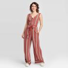 Women's Striped Sleeveless V-neck Button Front Belted Jumpsuit - Xhilaration Coral Xs, Women's, Red
