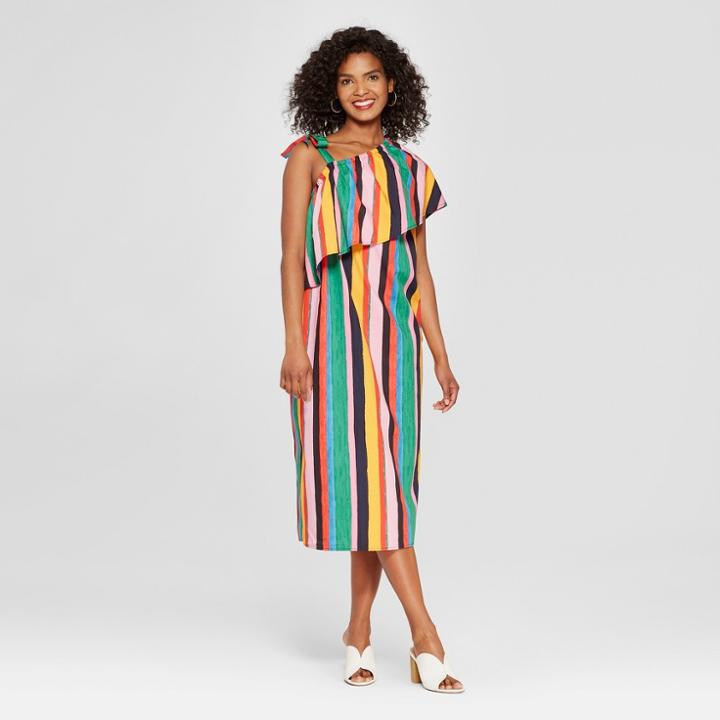 Women's Striped Off The Shoulder Ruffle Midi Dress - Who What Wear Yellow/green