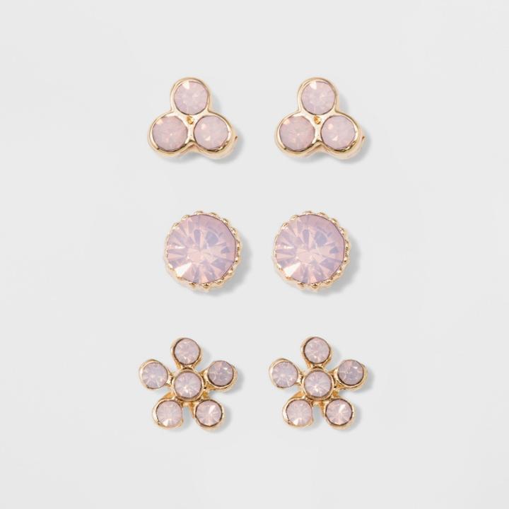Two Flowers And Stone Earring Set - A New Day Pink/gold
