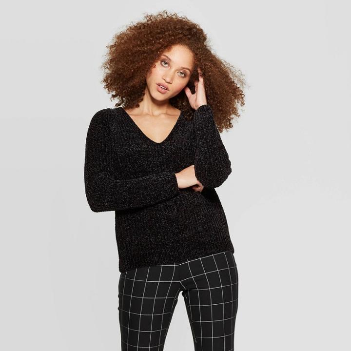 Women's Long Sleeve V-neck Chenille Pullover Sweater - A New Day Black