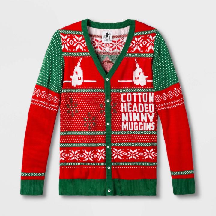 Warner Bros. Men's Elf Ninny Muggins Ugly Holiday Cardigan - Red