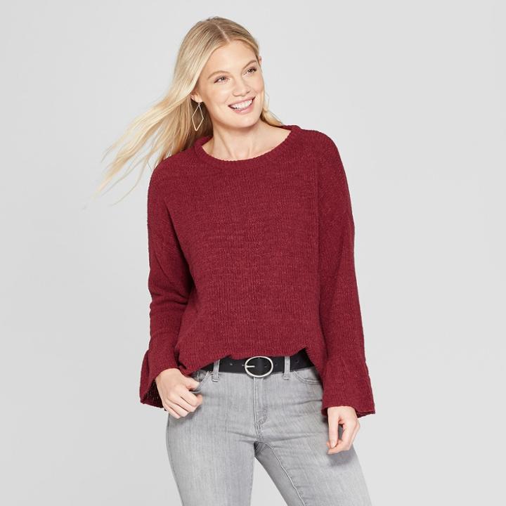 Women's Long Bell Sleeve Crew Pullover - Knox Rose Burgundy