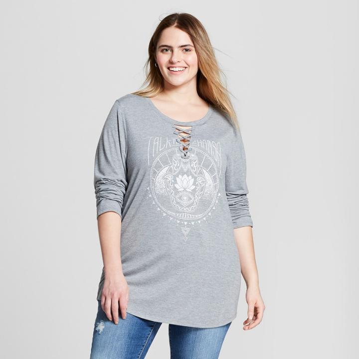 Women's Plus Size Talk To Hamsa Lace-up Long Sleeve Graphic T-shirt - Modern Lux (juniors') Gray