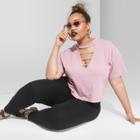 Women's Plus Size Cropped Short Sleeve Lattice Collar Boxy T-shirt - Wild Fable Mauve (pink)