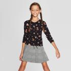Girls' Ruched Floral Long Sleeve Print T-shirt - Art Class Black