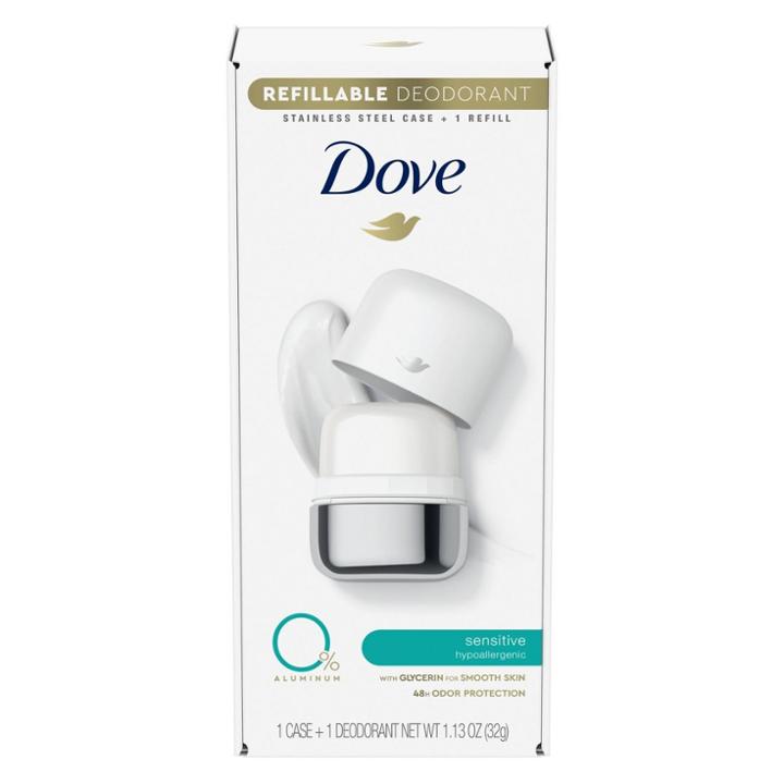 Dove Beauty 0% Aluminum Sensitive Hypoallergenic 48-hour Refillable Deodorant Stick - 1 Stainless Steel Case + 1 Refill