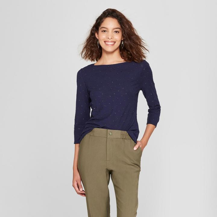 Women's 3/4 Sleeve Vintage Shine Boatneck T - Shirt - A New Day Navy
