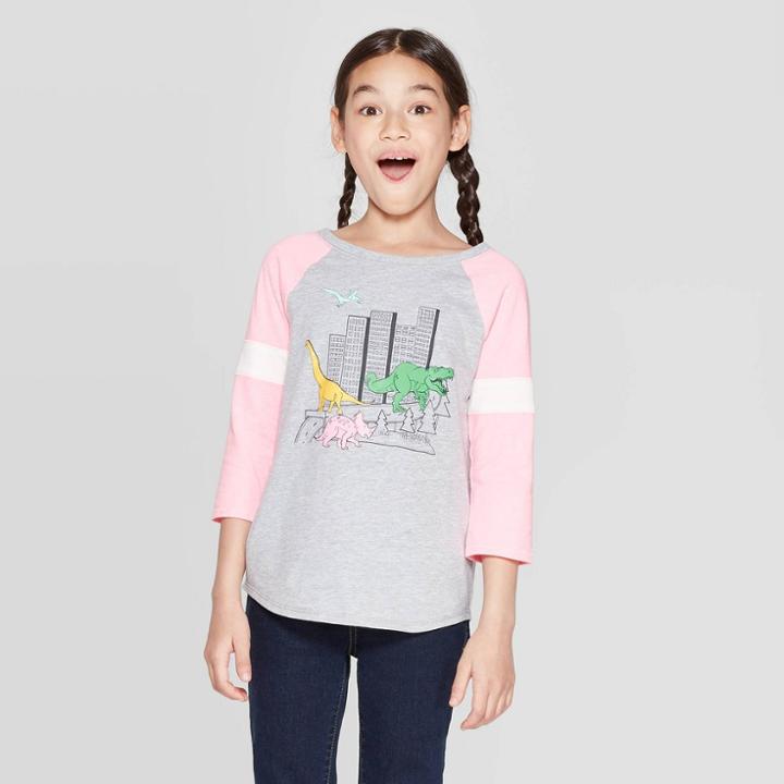 Girls' 3/4 Sleeve Dinosaur City Baseball T-shirt - Cat & Jack Gray