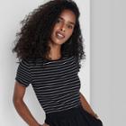 Women's Striped Short Sleeve Round Neck Lettuce Edge Baby T-shirt - Wild Fable Black/white