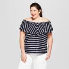 Women's Plus Size Striped Off The Shoulder Flounce Knit Sleeveless Top - Ava & Viv Navy (blue)/white