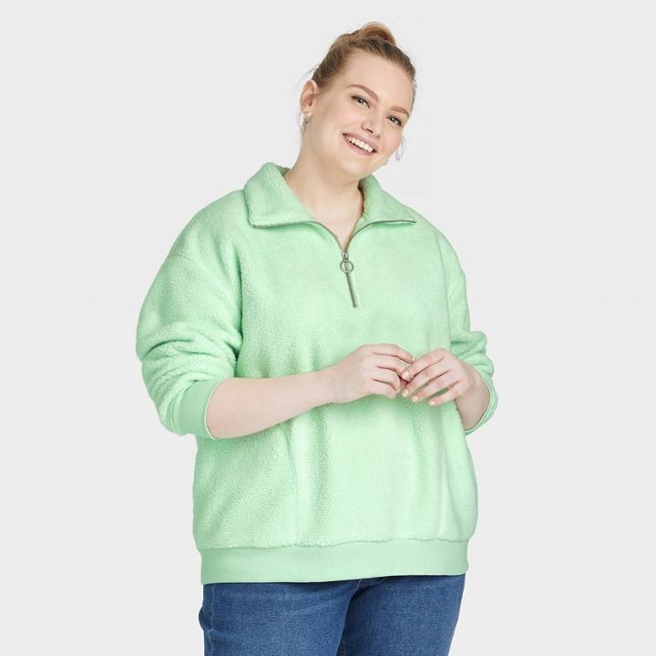 Women's Plus Size Sherpa Quarter Zip Pullover Sweatshirt - Ava & Viv Green X