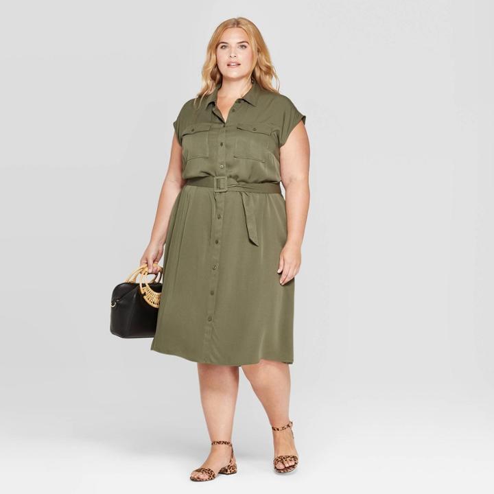 Women's Plus Size Short Sleeve Collared Midi Shirtdress - Ava & Viv Olive (green)