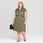 Women's Plus Size Short Sleeve Collared Midi Shirtdress - Ava & Viv Olive (green)